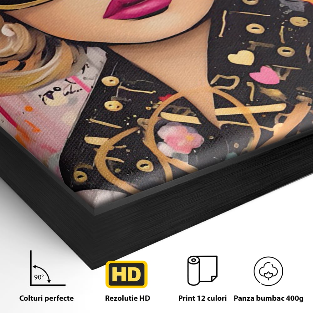 Detaliu al suprafetei: tablou canvas cu portret de femeie, in rama de aluminiu negru